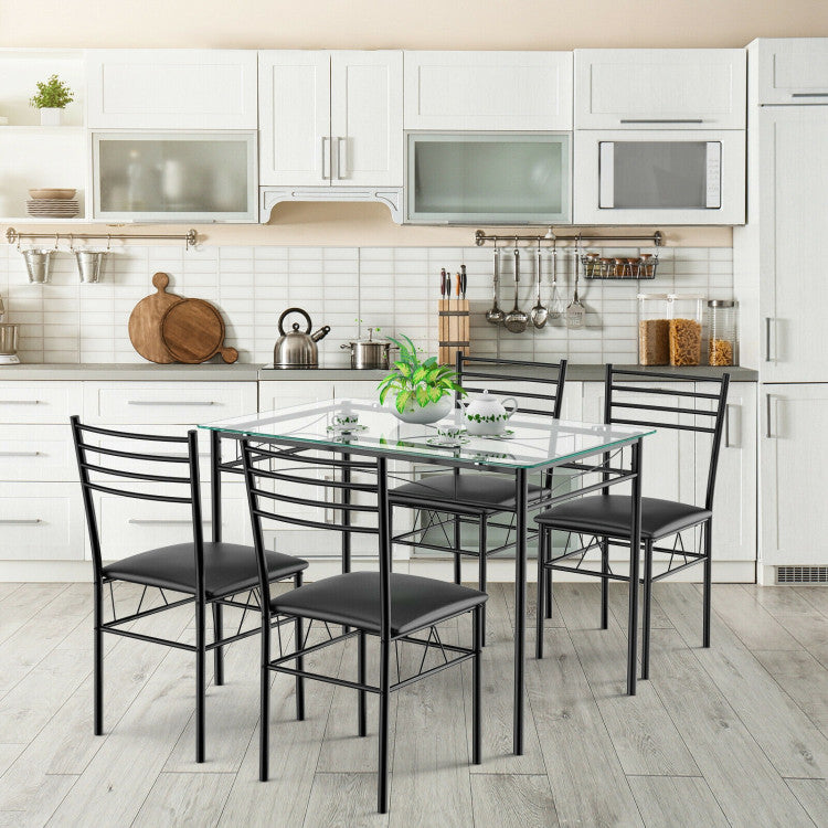 Modern 5 Pieces Dining Set with Tempered Glass Top Table and 4 Upholstered Chairs
