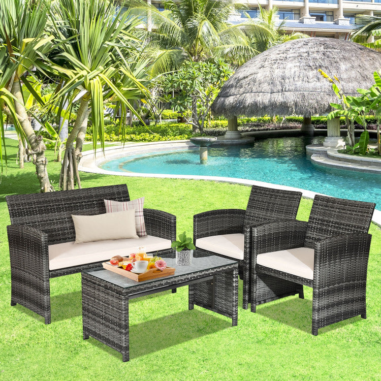 Outdoor 4 Pieces Patio Rattan Furniture Set with Glass Table and Loveseat