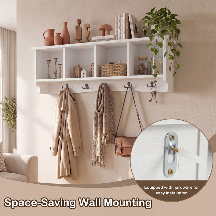New Wall-Mounted Wooden Shelf Coat Rack with 4 Cubbies and 5 Double Hooks