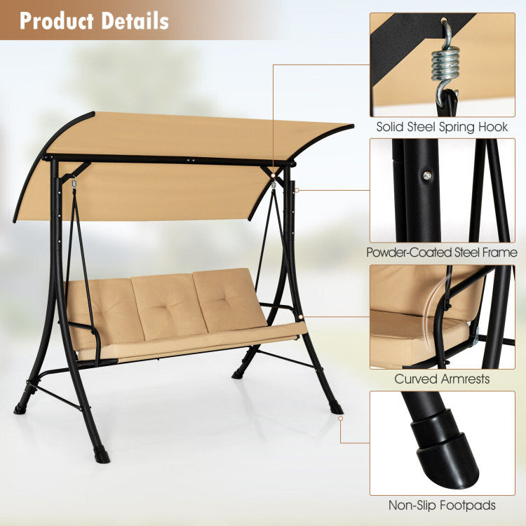Outdoor 3-Seat Outdoor Porch Swing with Adjustable Canopy and Padded Cushions