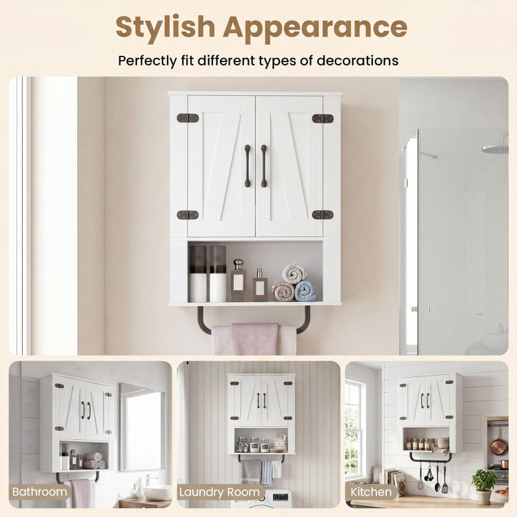 New Bathroom Wall Cabinet with 2 Barn Doors and Towel Bar and 3-Tier Wooden Storage
