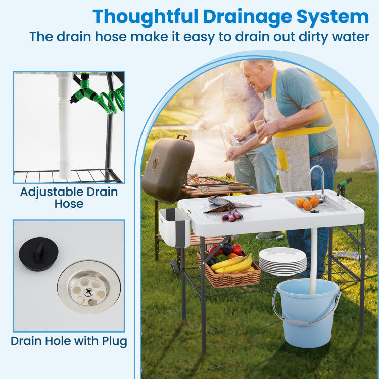 New Outdoor 2 in 1 Folding Fish Cleaning Table with Sink and Faucet for Patio BBQ