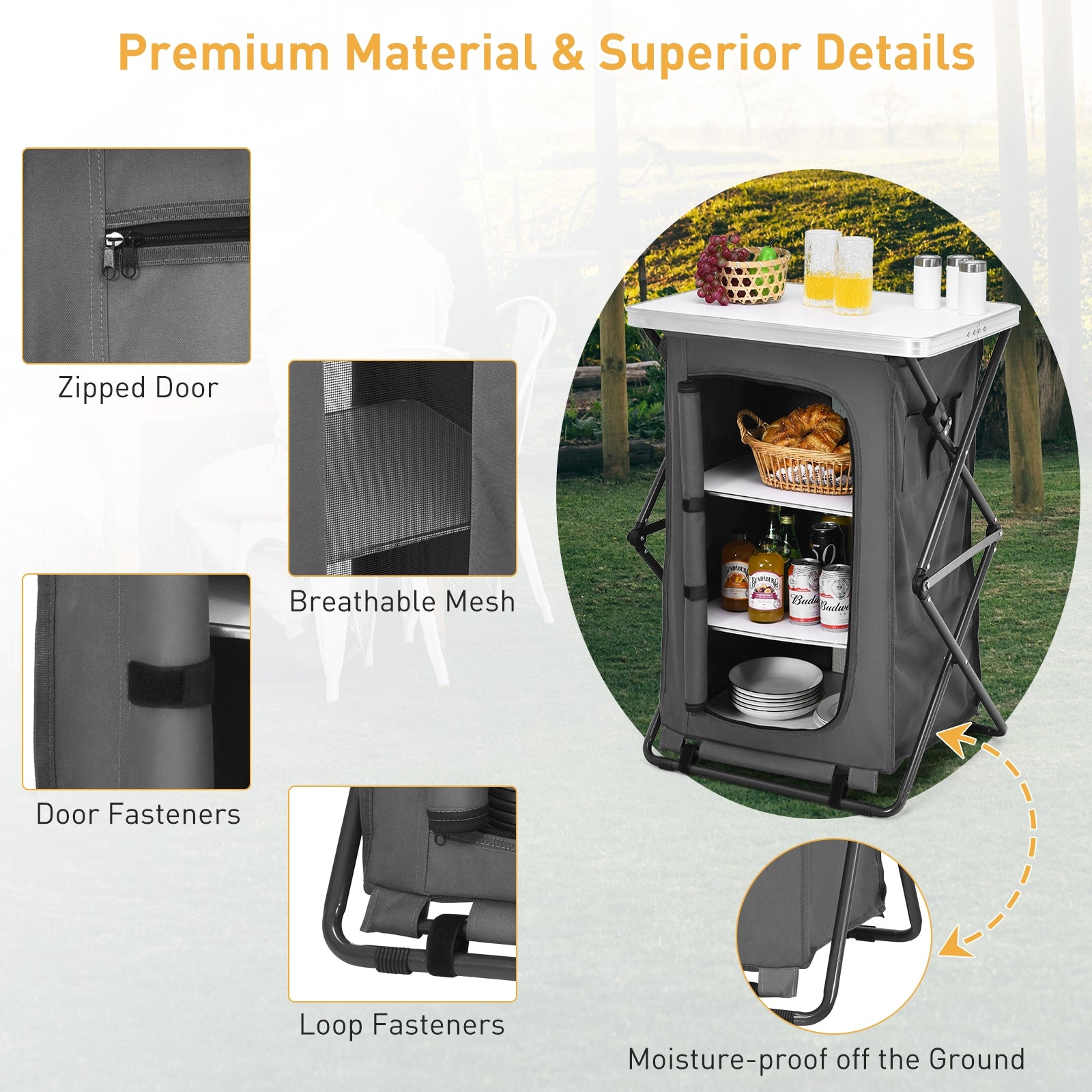 Outdoor Folding Camping Storage Cabinet with 3 Shelves and Carry Bag
