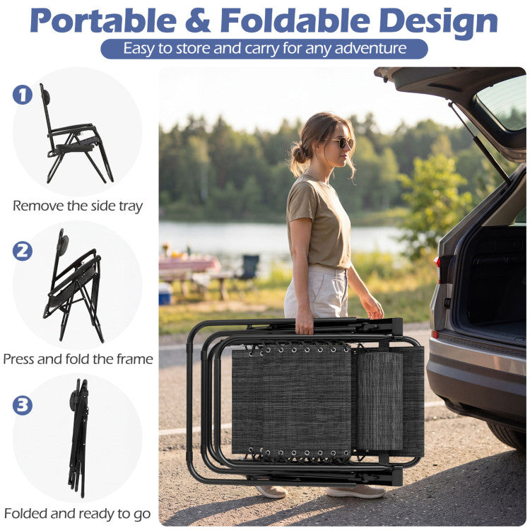 New Set of 2 Portable Zero Gravity Chairs with Cup Holder Trays and Backrest Set of 2