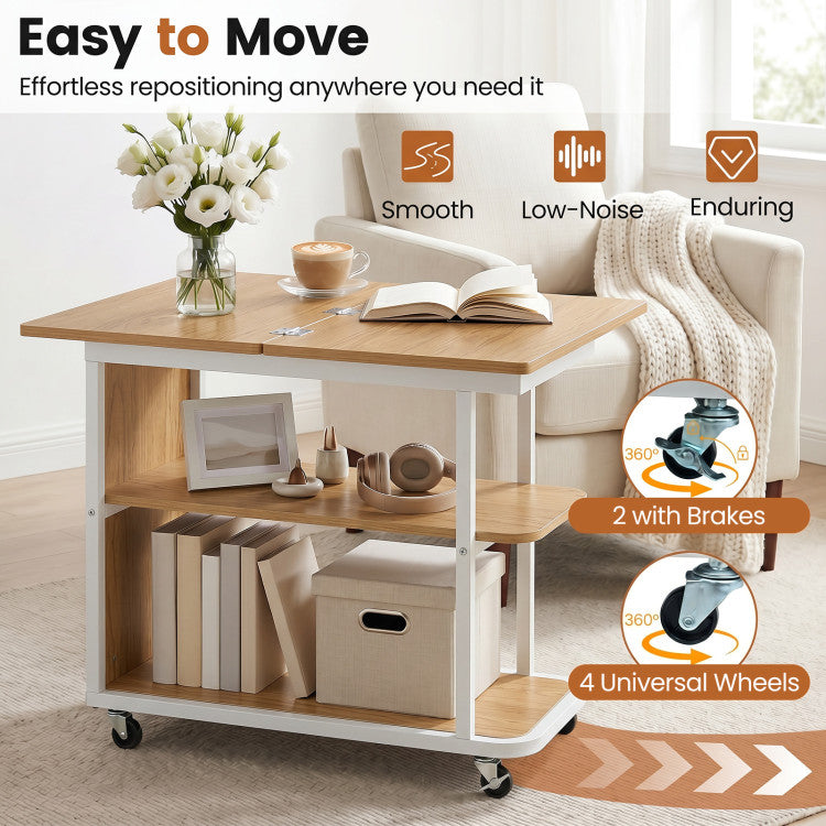 New Mobile Night Stand with Foldable Swivel Top and 2-Tier Shelf for Small Spaces