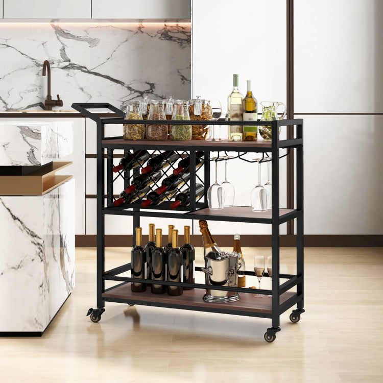 Modern 3-tier Bar Cart on Wheels Home Kitchen Serving Cart with Wine Rack and Glasses Holder