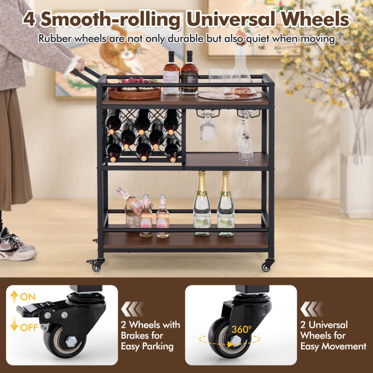 Modern 3-tier Bar Cart on Wheels Home Kitchen Serving Cart with Wine Rack and Glasses Holder