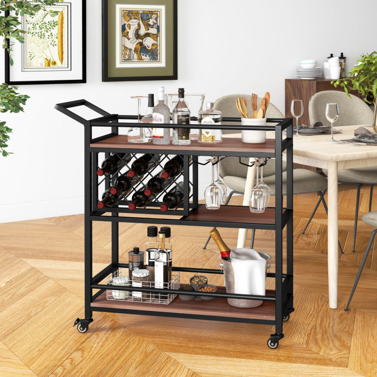 Modern 3-tier Bar Cart on Wheels Home Kitchen Serving Cart with Wine Rack and Glasses Holder