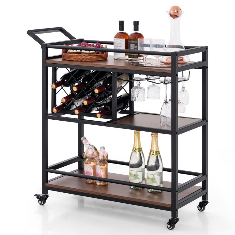 Modern 3-tier Bar Cart on Wheels Home Kitchen Serving Cart with Wine Rack and Glasses Holder
