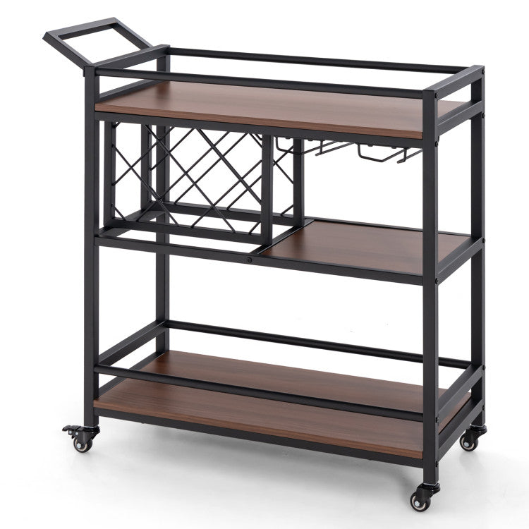 Modern 3-tier Bar Cart on Wheels Home Kitchen Serving Cart with Wine Rack and Glasses Holder