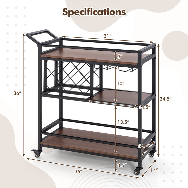 Modern 3-tier Bar Cart on Wheels Home Kitchen Serving Cart with Wine Rack and Glasses Holder