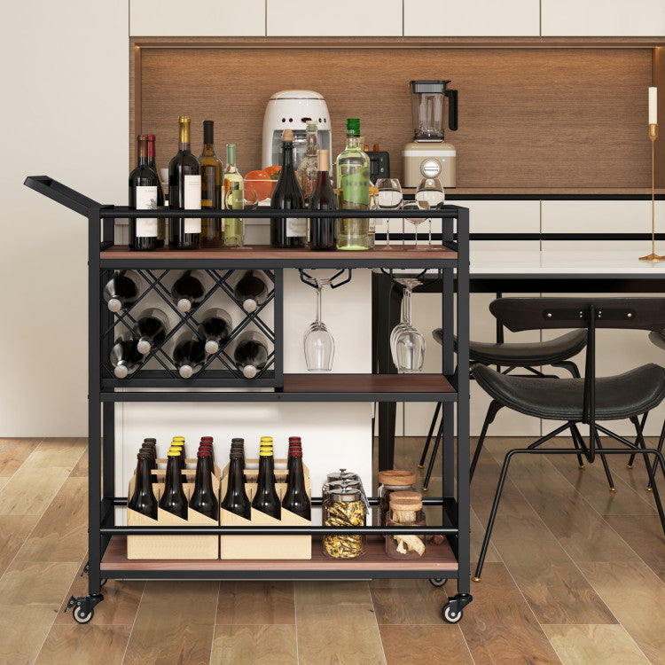 Modern 3-tier Bar Cart on Wheels Home Kitchen Serving Cart with Wine Rack and Glasses Holder
