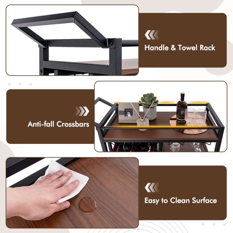 Modern 3-tier Bar Cart on Wheels Home Kitchen Serving Cart with Wine Rack and Glasses Holder