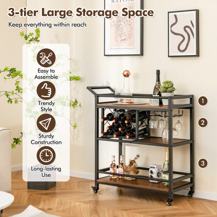 Modern 3-tier Bar Cart on Wheels Home Kitchen Serving Cart with Wine Rack and Glasses Holder