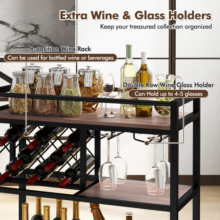 Modern 3-tier Bar Cart on Wheels Home Kitchen Serving Cart with Wine Rack and Glasses Holder