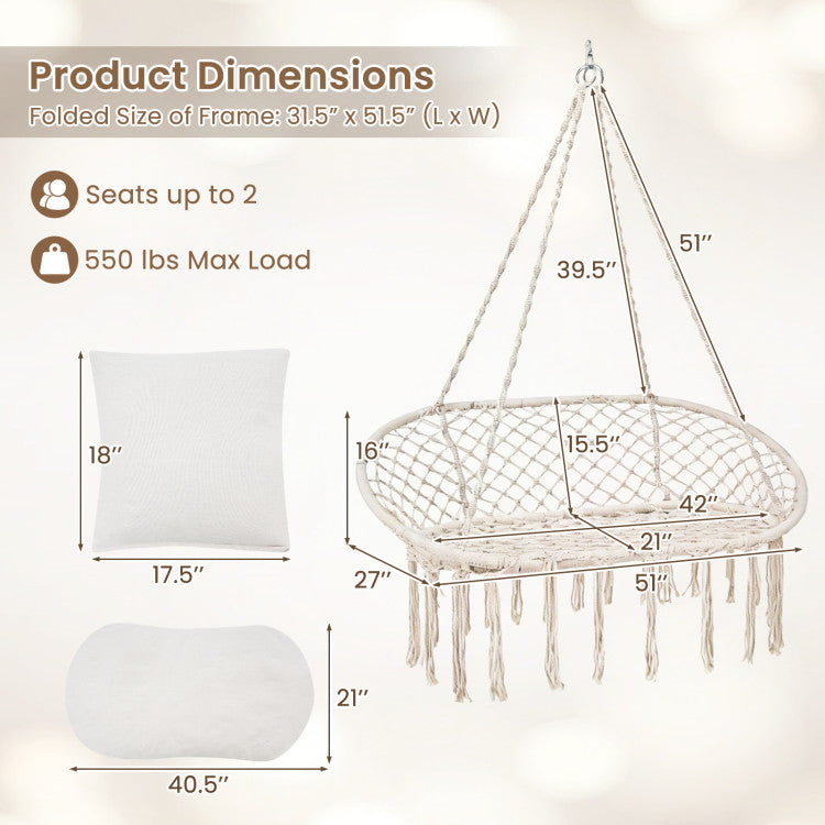 Outdoor Double Swing Chair with Cushions Macrame Hanging Hammock Chair for Indoor and Outdoor Use