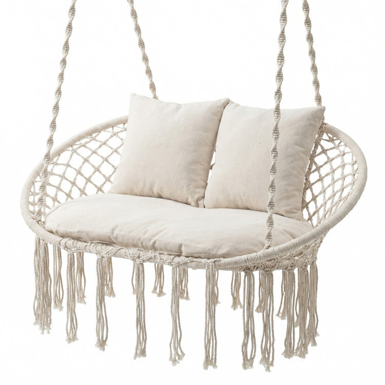 Outdoor Double Swing Chair with Cushions Macrame Hanging Hammock Chair for Indoor and Outdoor Use