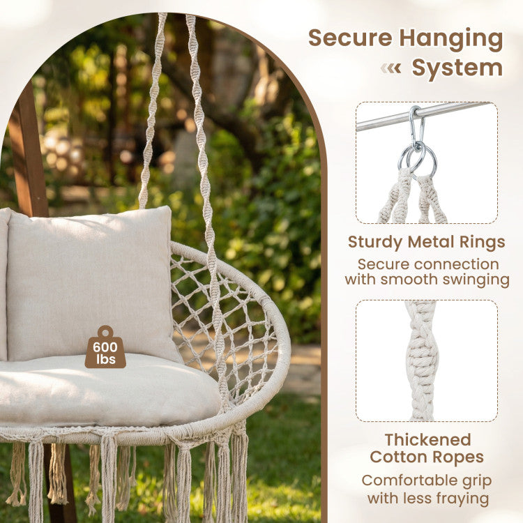 Outdoor Double Swing Chair with Cushions Macrame Hanging Hammock Chair for Indoor and Outdoor Use