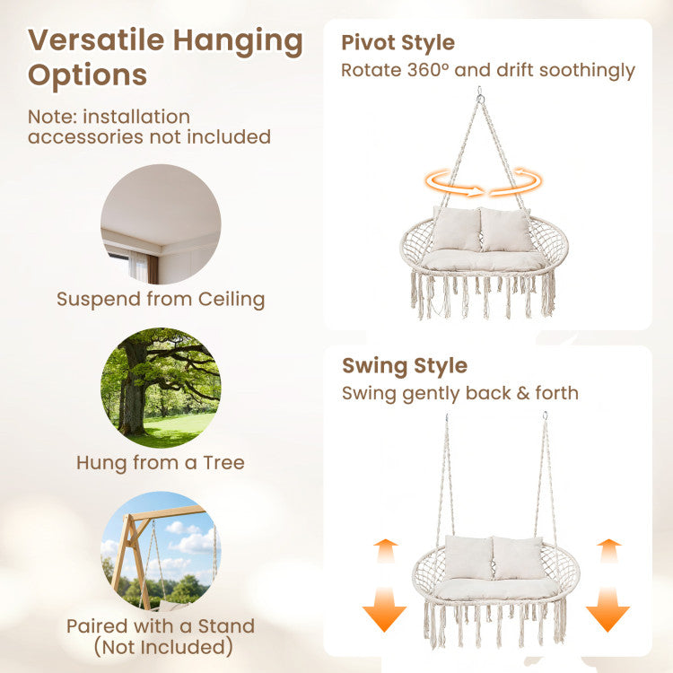 Outdoor Double Swing Chair with Cushions Macrame Hanging Hammock Chair for Indoor and Outdoor Use