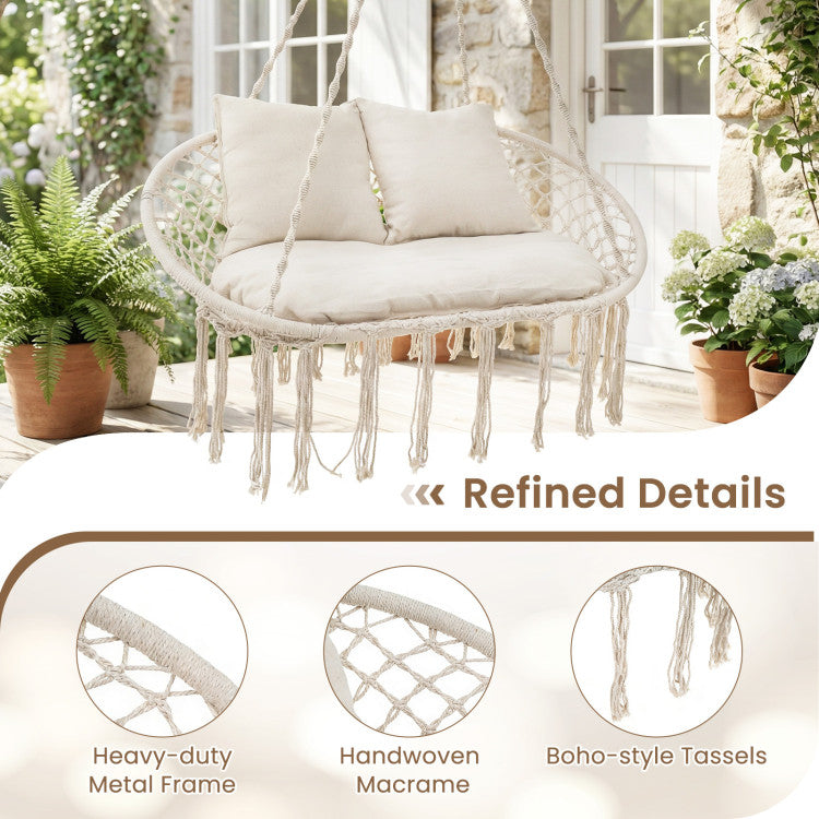 Outdoor Double Swing Chair with Cushions Macrame Hanging Hammock Chair for Indoor and Outdoor Use