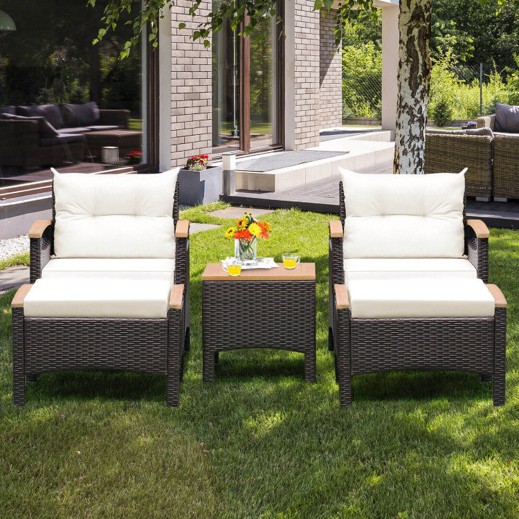 Outdoor 5 Pieces Patio Conversation Set with Cushions Coffee Table and 2 Ottomans