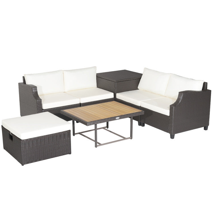 Outdoor 7 Pieces Wicker Outdoor Furniture Set with Acacia Wood Coffee Table and Ottoman