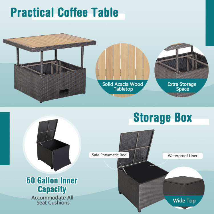 Outdoor 7 Pieces Wicker Outdoor Furniture Set with Acacia Wood Coffee Table and Ottoman