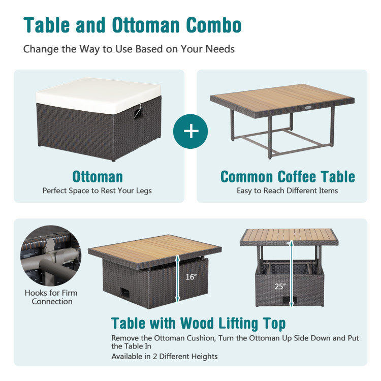 Outdoor 7 Pieces Wicker Outdoor Furniture Set with Acacia Wood Coffee Table and Ottoman