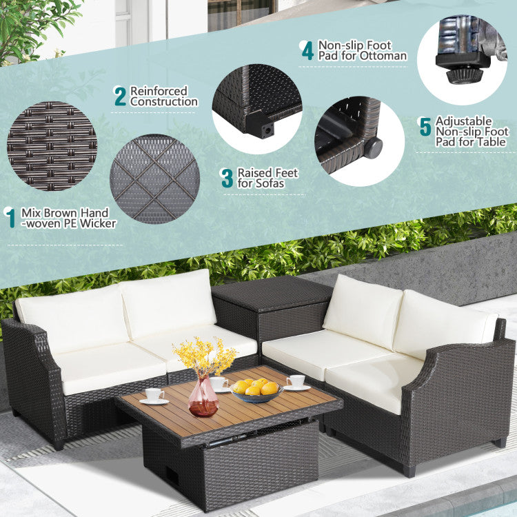 Outdoor 7 Pieces Wicker Outdoor Furniture Set with Acacia Wood Coffee Table and Ottoman