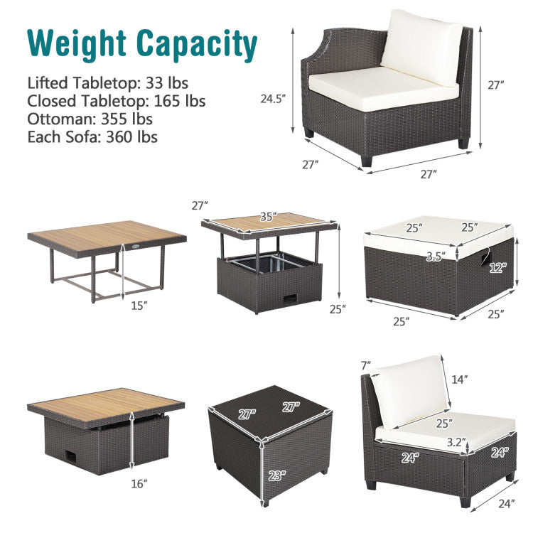 Outdoor 7 Pieces Wicker Outdoor Furniture Set with Acacia Wood Coffee Table and Ottoman