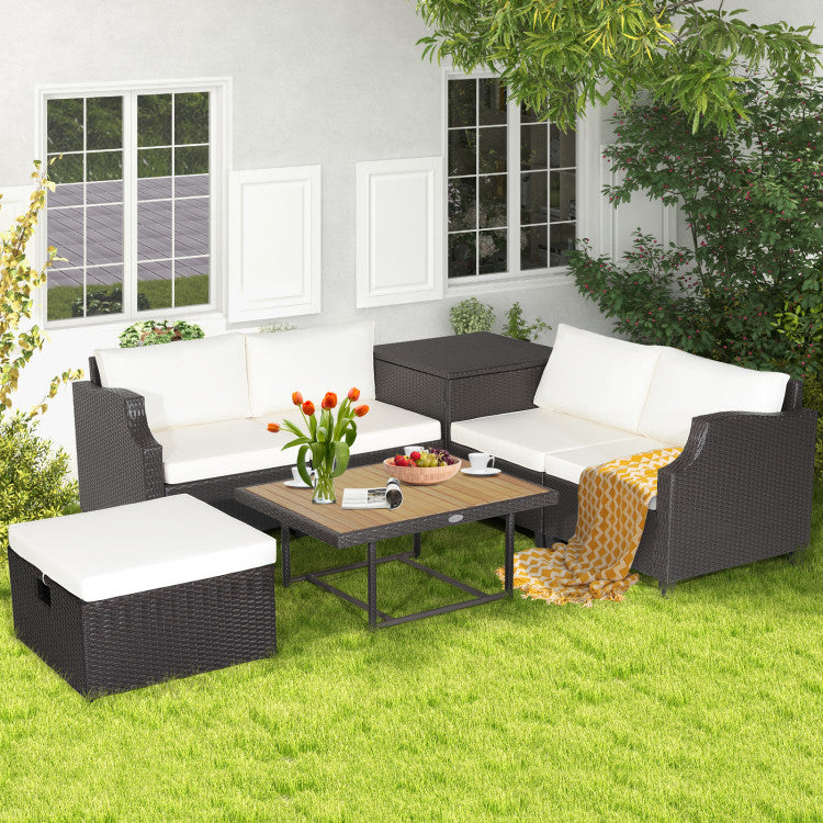 Outdoor 7 Pieces Wicker Outdoor Furniture Set with Acacia Wood Coffee Table and Ottoman