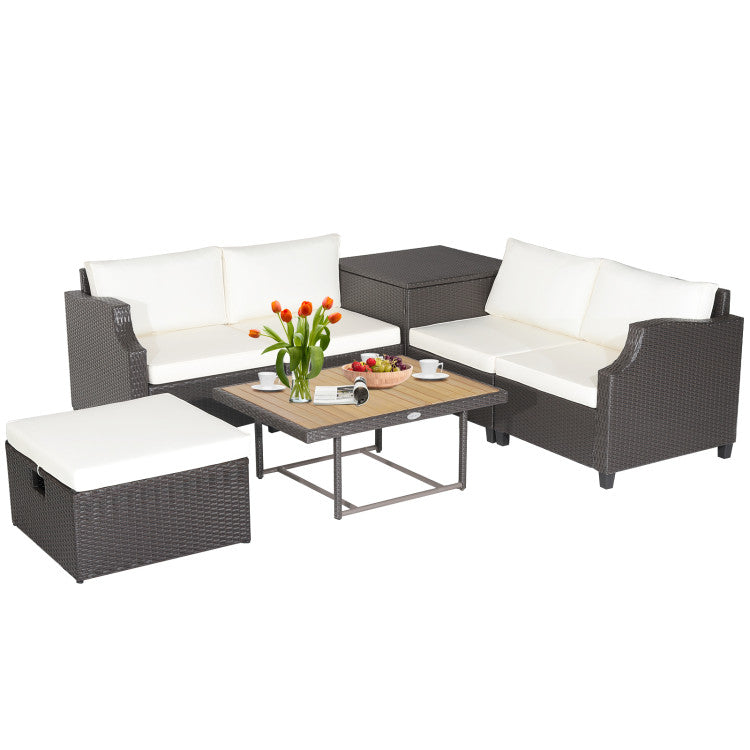 Outdoor 7 Pieces Wicker Outdoor Furniture Set with Acacia Wood Coffee Table and Ottoman