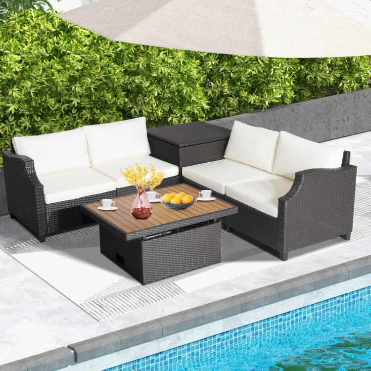 Outdoor 7 Pieces Wicker Outdoor Furniture Set with Acacia Wood Coffee Table and Ottoman