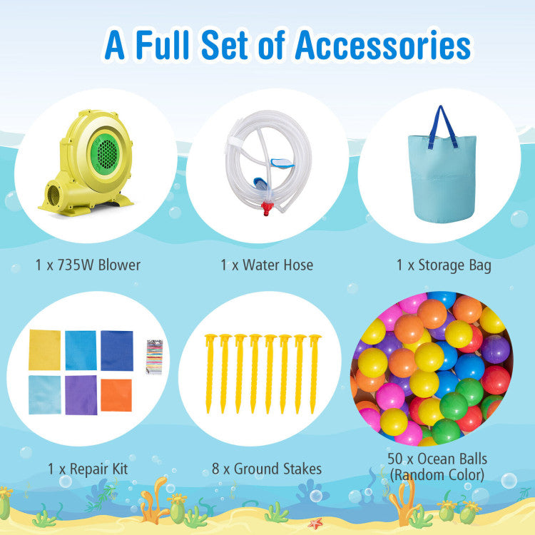 Outdoor Kids Inflatable Ocean-Themed Bounce House with 680W Blower and 2 Pools