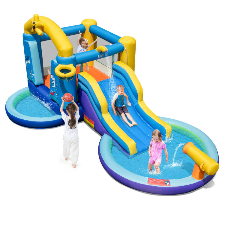 Outdoor Kids Inflatable Ocean-Themed Bounce House with 680W Blower and 2 Pools