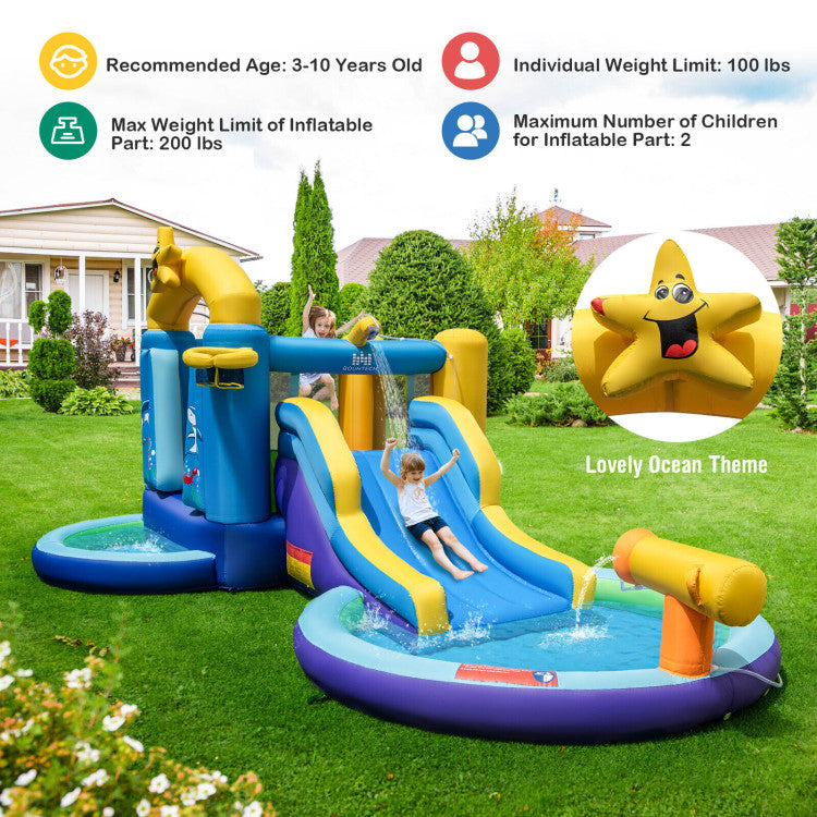 Outdoor Kids Inflatable Ocean-Themed Bounce House with 680W Blower and 2 Pools