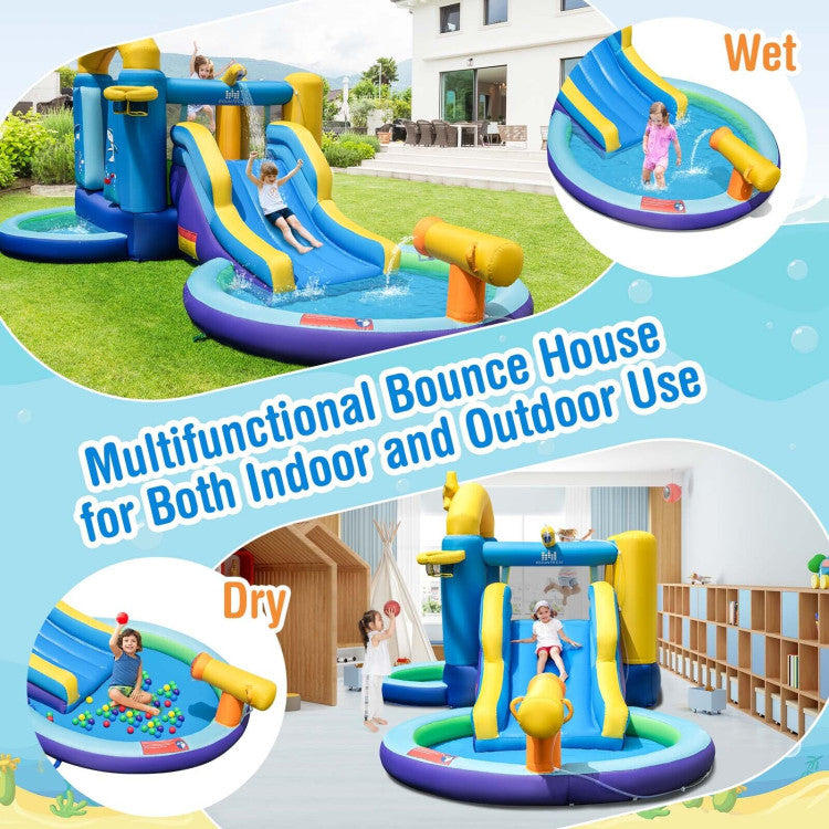 Outdoor Kids Inflatable Ocean-Themed Bounce House with 680W Blower and 2 Pools