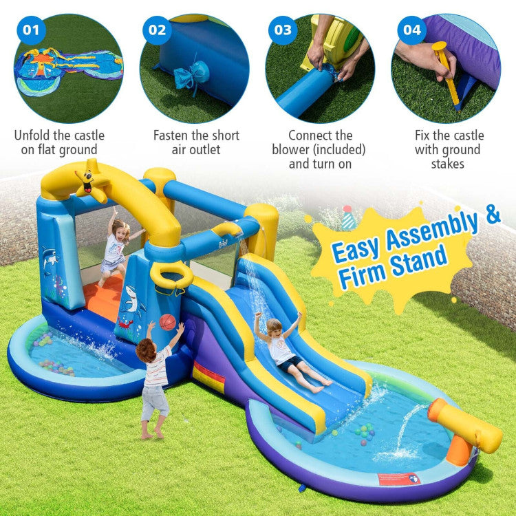 Outdoor Kids Inflatable Ocean-Themed Bounce House with 680W Blower and 2 Pools