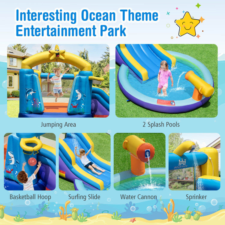 Outdoor Kids Inflatable Ocean-Themed Bounce House with 680W Blower and 2 Pools