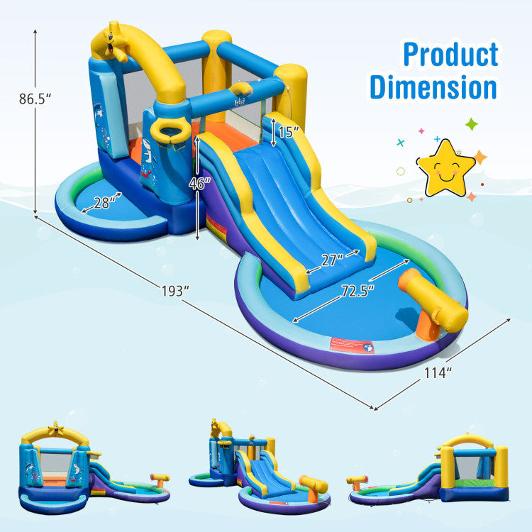 Outdoor Kids Inflatable Ocean-Themed Bounce House with 680W Blower and 2 Pools