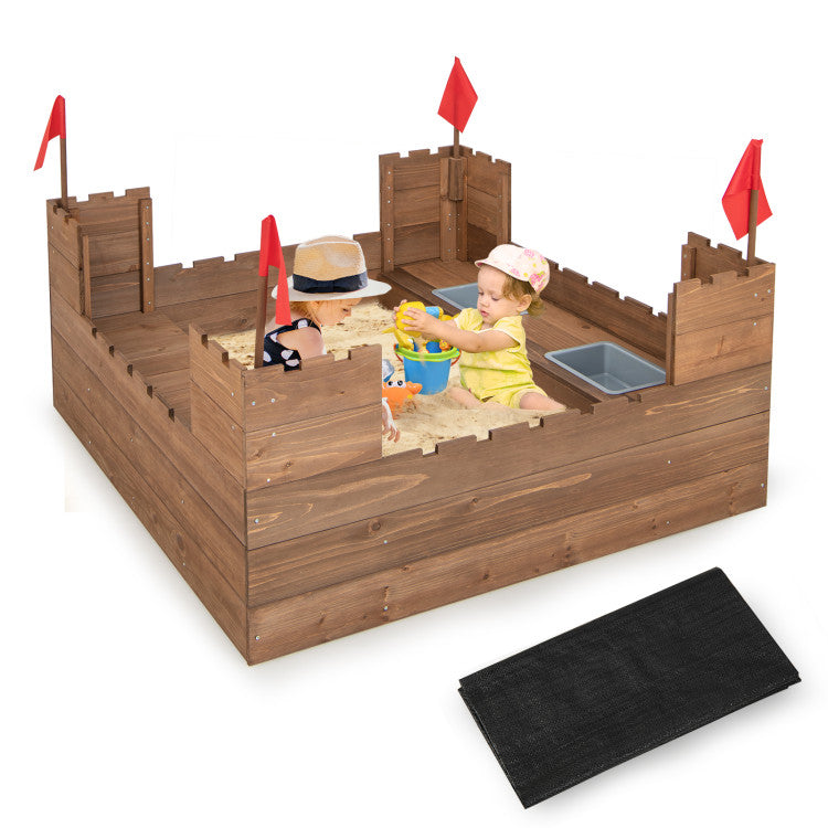 Outdoor Kids Wooden Sandbox with Bottom Liner and Red Flags