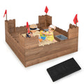 Outdoor Kids Wooden Sandbox with Bottom Liner and Red Flags