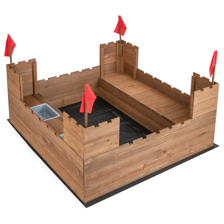 Outdoor Kids Wooden Sandbox with Bottom Liner and Red Flags