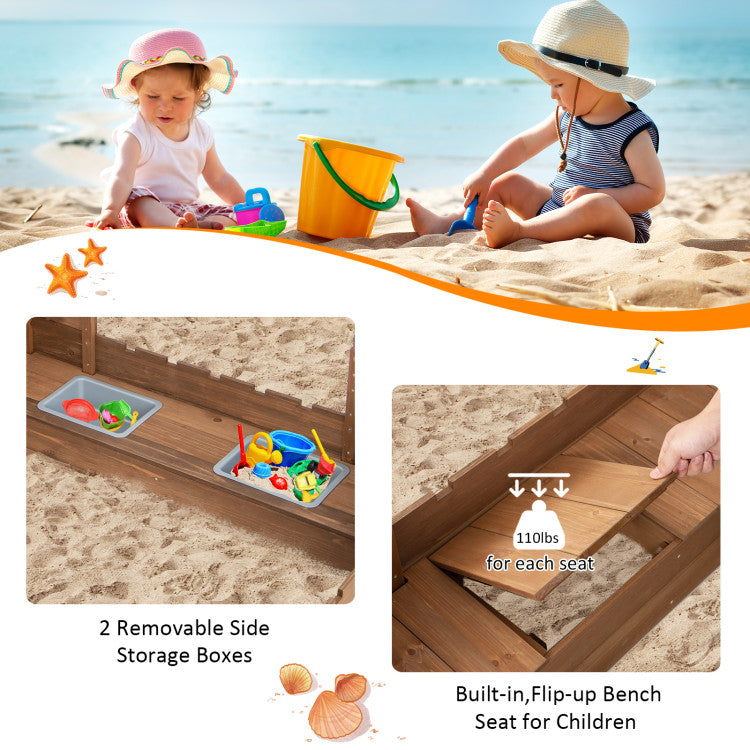Outdoor Kids Wooden Sandbox with Bottom Liner and Red Flags
