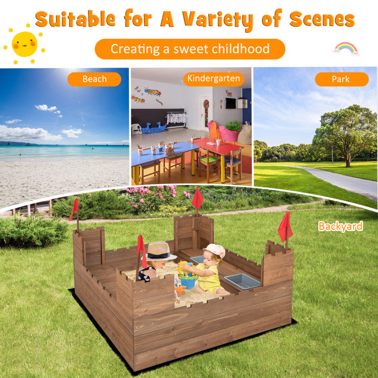 Outdoor Kids Wooden Sandbox with Bottom Liner and Red Flags