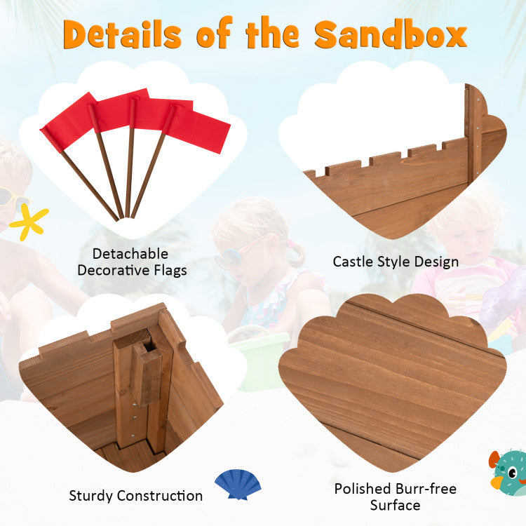 Outdoor Kids Wooden Sandbox with Bottom Liner and Red Flags