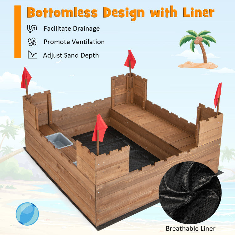 Outdoor Kids Wooden Sandbox with Bottom Liner and Red Flags