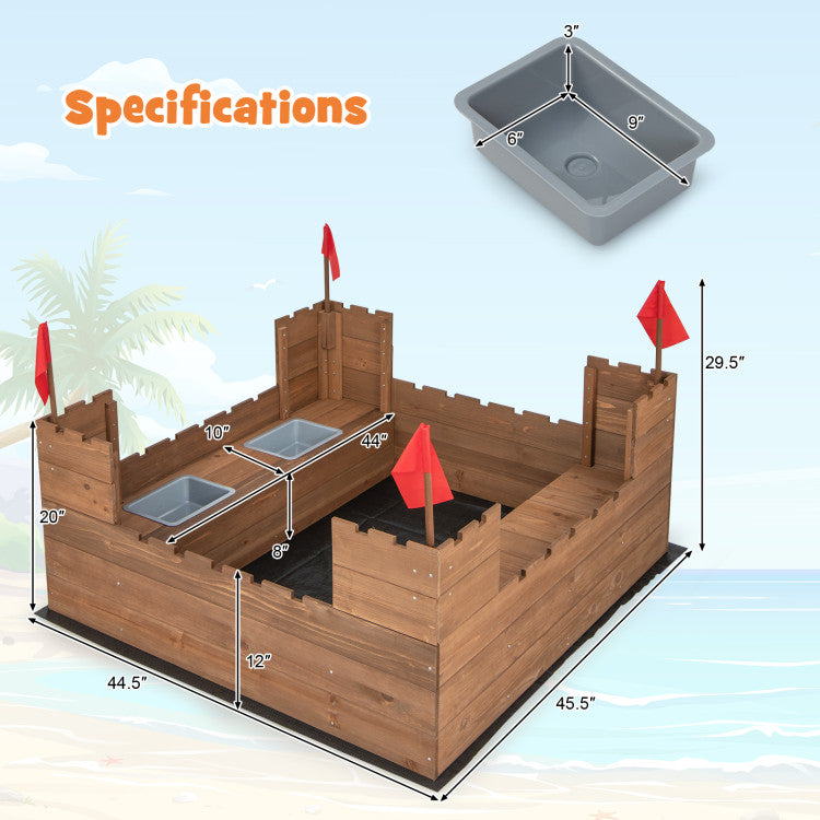 Outdoor Kids Wooden Sandbox with Bottom Liner and Red Flags