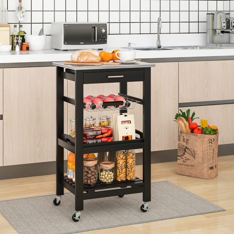 Modern Kitchen Rolling Island Cart with Stainless Steel Tabletop and Basket