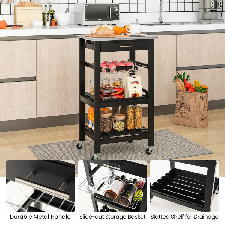 Modern Kitchen Rolling Island Cart with Stainless Steel Tabletop and Basket